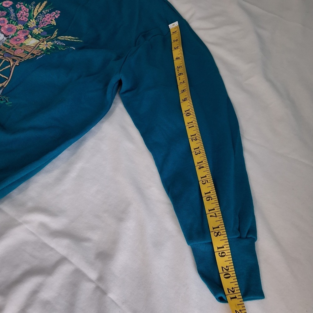 Vtg 90s Floral Cats Grandma Collared Sweatshirt Large L Womens Teal Bow Detail - Picture 6 of 14